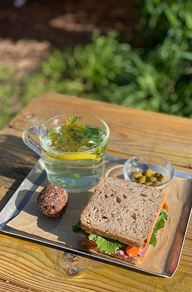 כריך משובח מירקות הגינה, תה עם עשבי גינה, כדור תמרים וצלוחית זיתים בעגלת הקפה, קפה יער בבית לחם הגלילית